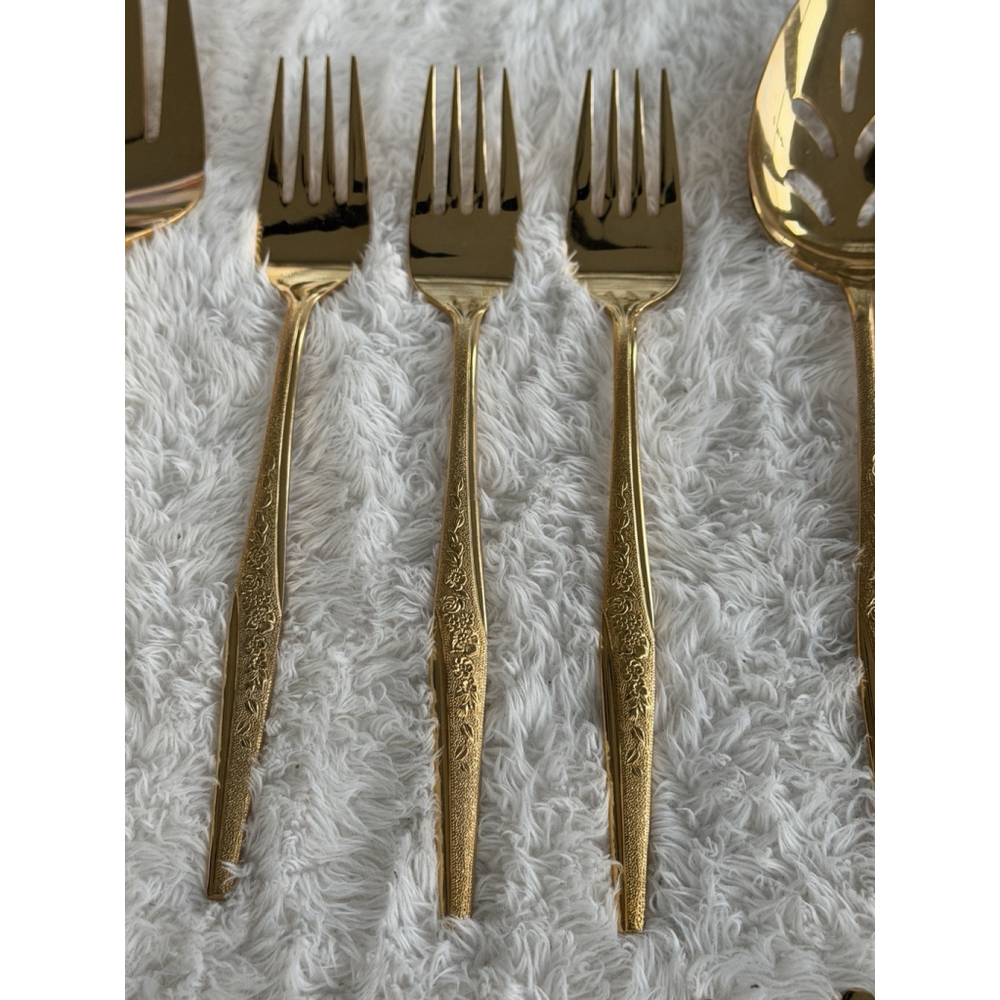 Golden Bouquet 24 kt Gold Electroplate 24 Pieces Flatware & Serving 1980’s - Picture 6 of 16